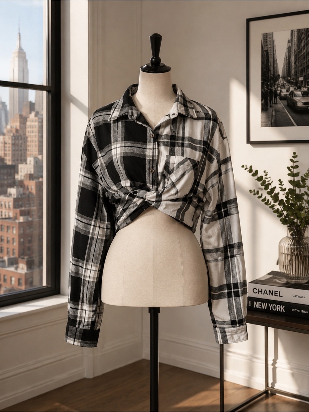 Forever 21 womens cropped two tone Black and White Plaid Button Down Shirt